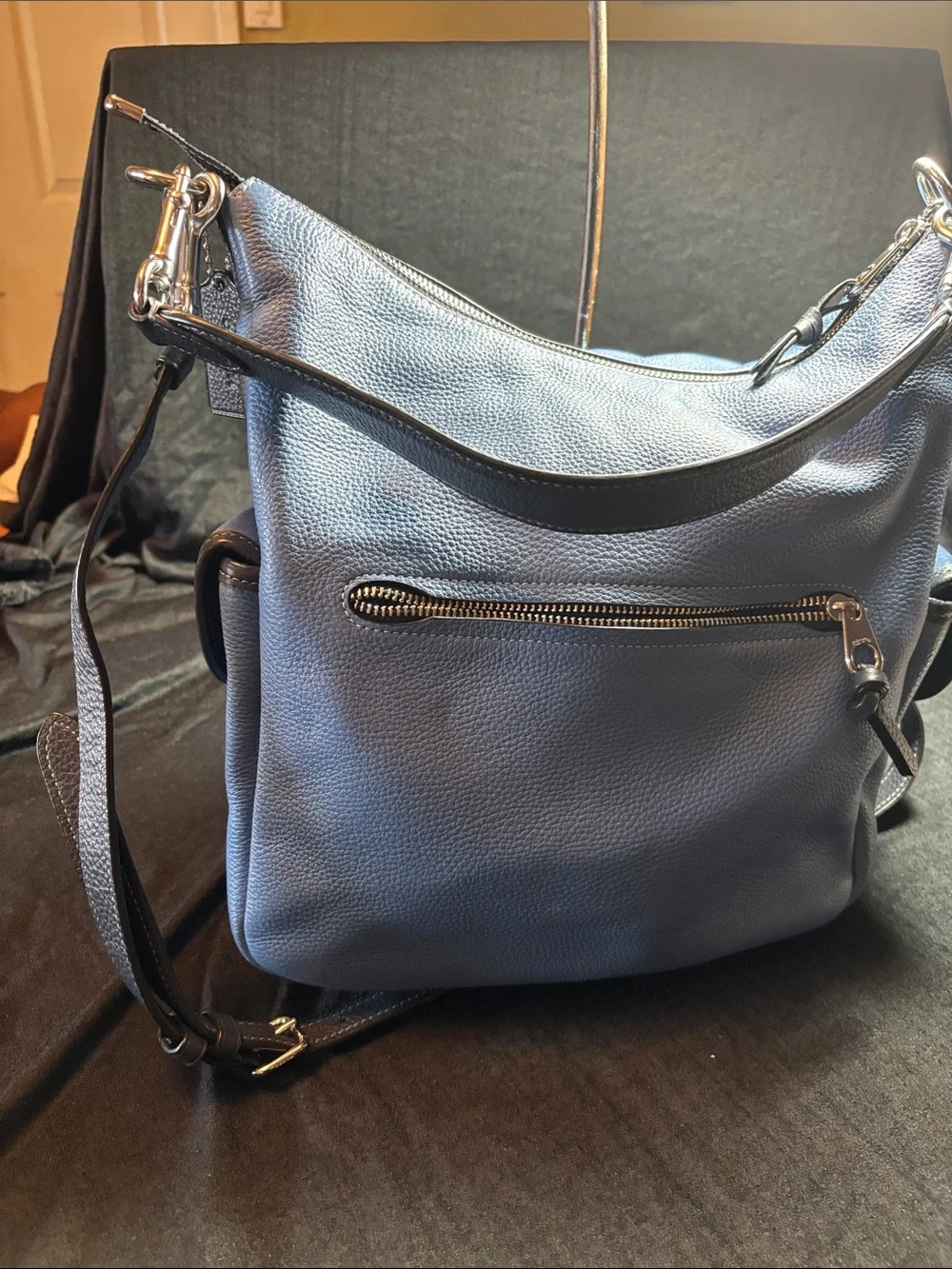 Pebbled Coach Leather Shoulder Bag in Light Blue with Front Zip